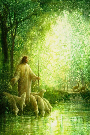 Feed My Sheep is a painting that depicts Jesus Christ watching over His flock while drinking at a pond - Yongsung Kim | Havenlight | Christian Artwork