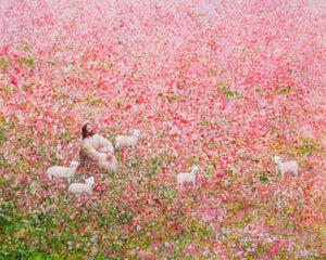 Shepherd's Rest is a painting that depicts Jesus Christ sitting with a lamb in a field of pink and red flowers - Yongsung Kim | Havenlight | Christian Artwork