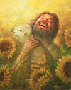 Seeds of Joy is a painting that depicts Jesus Christ holding a lamb amidst a field of sun flowers - Yongsung Kim | Havenlight | Christian Artwork