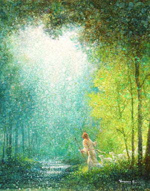 Lead Me is a painting that depicts Jesus Christ looking up towards a light above the forest trees - Yongsung Kim | Havenlight | Christian Artwork
